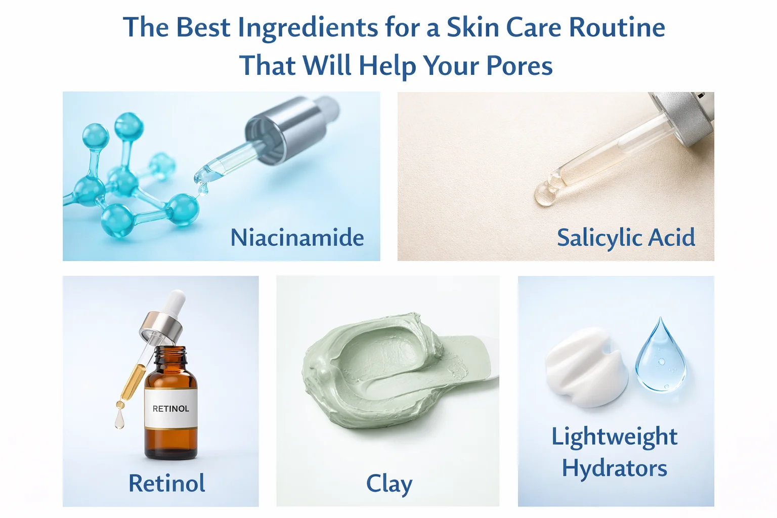 Five skincare ingredients: niacinamide, salicylic acid, retinol, clay, and lightweight hydrators, ideal for pore care.